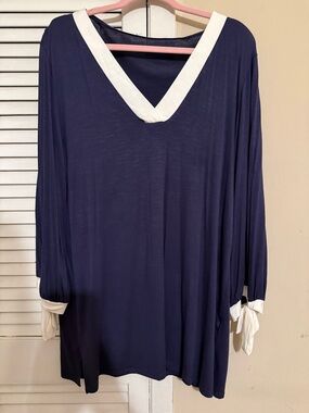 Navy V-Neck Tunic with White Tie Sleeves